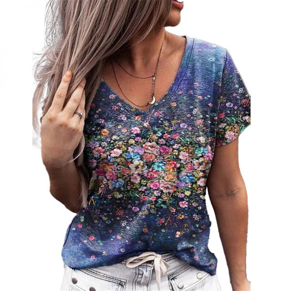 Summer Women Casual Tee Short Sleeve T-Shirts Flower Print Street Tops Female V-Neck Loose Plus Size Top Pullover - Image 6