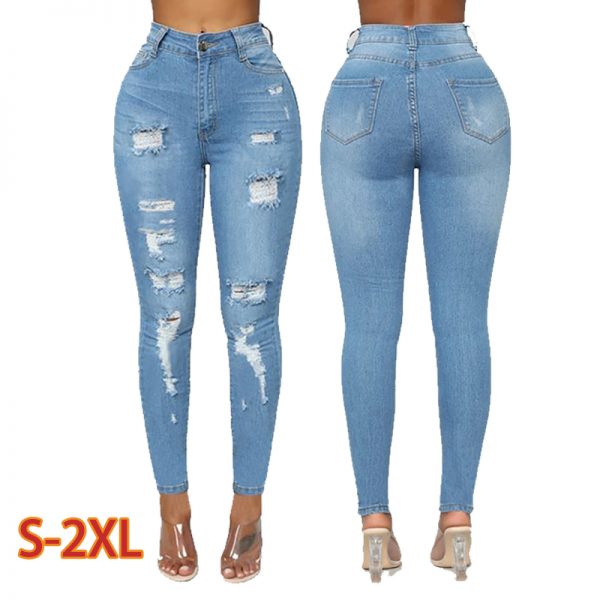 2022 New Arrivals Women Denim Street Pants Sexy High Waist Blue Skinny Jeans Women 3XL Ripped Rip Jeans - Image 6