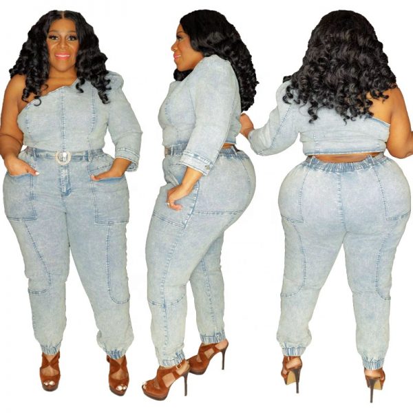 Latest denim 2 piece set women slant shoulder single sleeve denim top 2 piece jean set large size denim jean two piece sets - Image 6