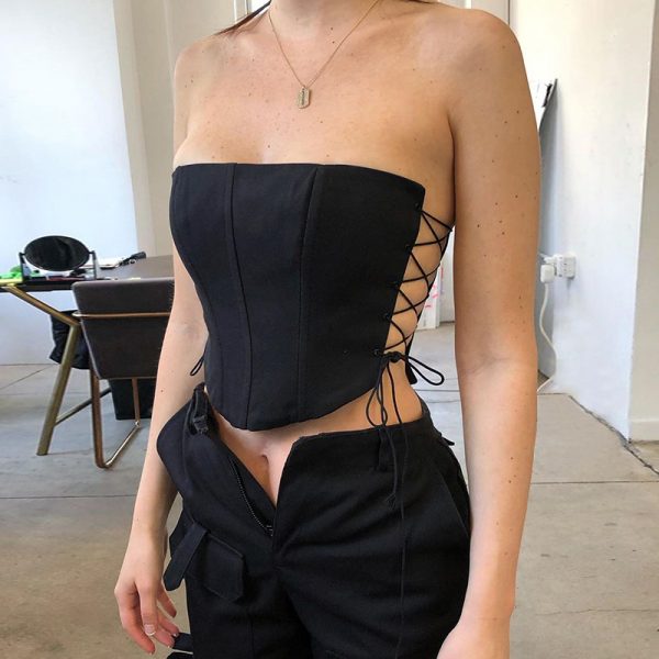 Sleeveless Fashion Strapless Bustier Corset Crop Tops Female Drawstring Backless Black Women Tops Summer 2021 - Image 6