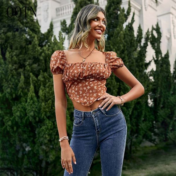 OOTN Fashion summer tees 2022 women Holiday square collar butterfly pattern pleated crop top Smock puff short sleeve t-shirt - Image 6