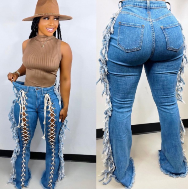 2022 spring blue tassel jeans pants trousers for women sexy skinny girls tight high waist stretch pants jeans women