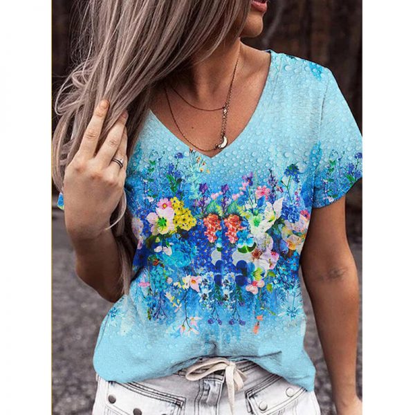 Summer Women Casual Tee Short Sleeve T-Shirts Flower Print Street Tops Female V-Neck Loose Plus Size Top Pullover - Image 4