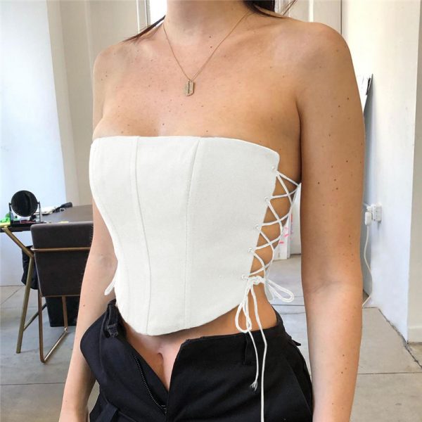 Sleeveless Fashion Strapless Bustier Corset Crop Tops Female Drawstring Backless Black Women Tops Summer 2021 - Image 2