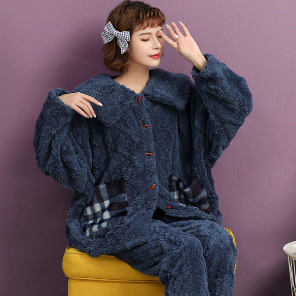 Women's Winter Flannel Pajamas Warm Lapel Big Pocket Pajama Skin-Friendly Soft Sleepwear Two Pieces Button Down Home Wear Set - Image 4