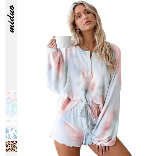 Trendy Digital printing Drawstring half button Long sleeve tie-dye two piece pajamas for women set wholesale - Image 6