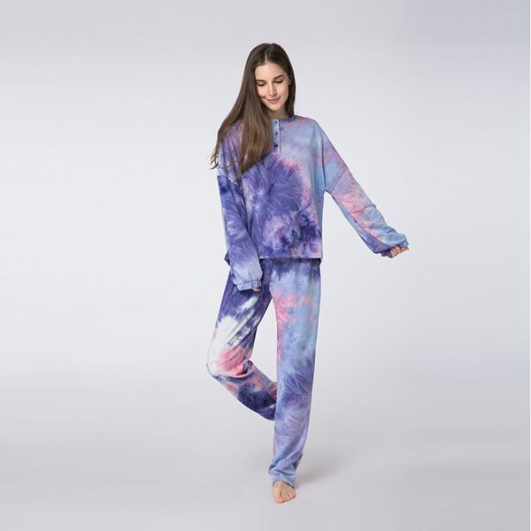 warm winter sleepwear women thermal lounge set clothing flannel pajamas tie dye sleep wear set crew neck long sleeve pajama set - Image 4