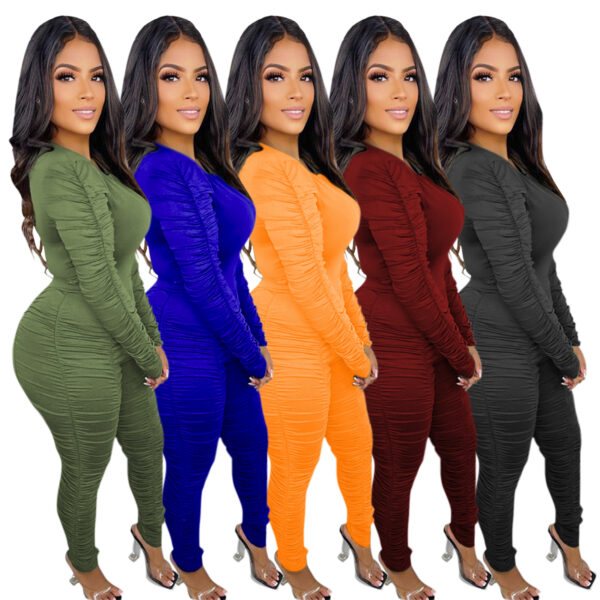 Two Piece Set Fall Winter 2021 Women Clothe Solid Color Long Sleeves Tops Ruched Pants Lounge Wear Two Piece Set