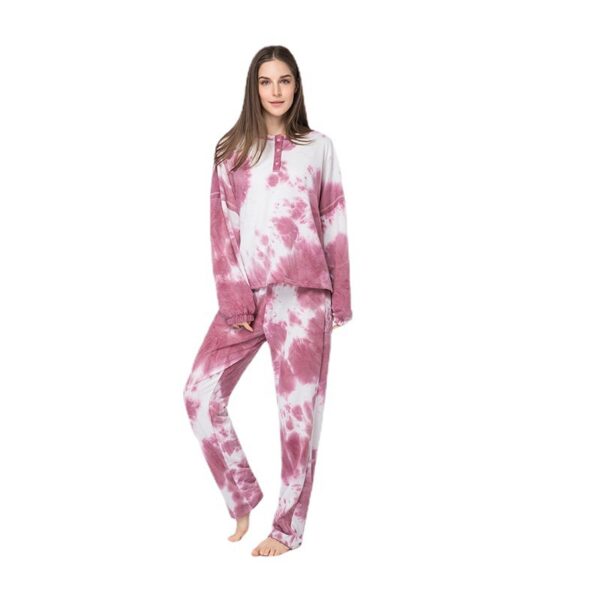 warm winter sleepwear women thermal lounge set clothing flannel pajamas tie dye sleep wear set crew neck long sleeve pajama set