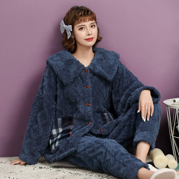 Women's Winter Flannel Pajamas Warm Lapel Big Pocket Pajama Skin-Friendly Soft Sleepwear Two Pieces Button Down Home Wear Set