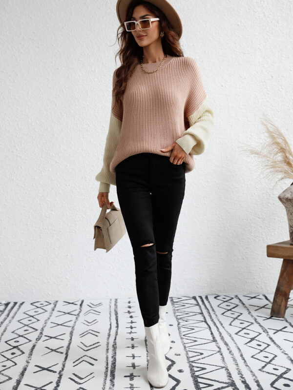 Fast shipping women fall cloth Autumn and winter loose crew neck knitted jumper leisure full sleeve Patchwork knit clothes - Image 3