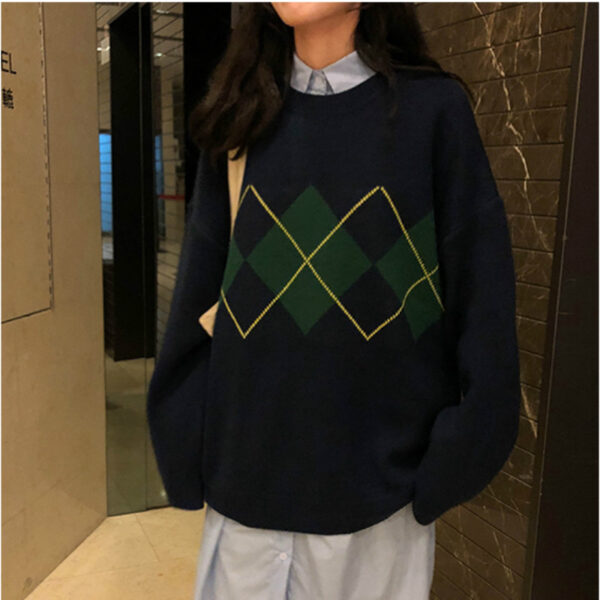 Autumn And Winter Casual Women's Clothing Autumn Rhombus Loose Pullover Knitted Sweater Round Neck Sweater Knitting Tops - Image 3