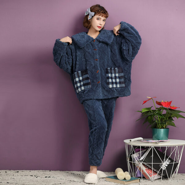 Women's Winter Flannel Pajamas Warm Lapel Big Pocket Pajama Skin-Friendly Soft Sleepwear Two Pieces Button Down Home Wear Set - Image 5