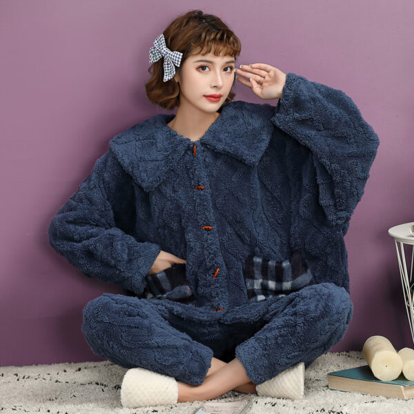 Women's Winter Flannel Pajamas Warm Lapel Big Pocket Pajama Skin-Friendly Soft Sleepwear Two Pieces Button Down Home Wear Set - Image 2