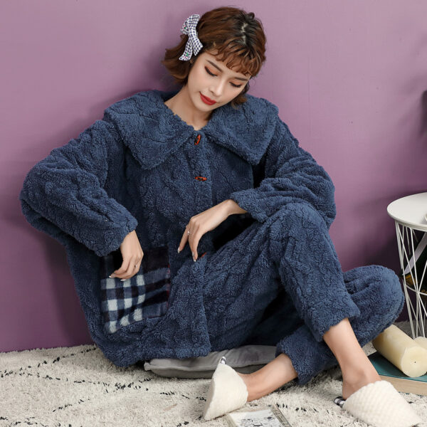 Women's Winter Flannel Pajamas Warm Lapel Big Pocket Pajama Skin-Friendly Soft Sleepwear Two Pieces Button Down Home Wear Set - Image 3