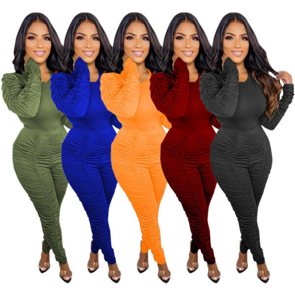 Two Piece Set Fall Winter 2021 Women Clothe Solid Color Long Sleeves Tops Ruched Pants Lounge Wear Two Piece Set - Image 6