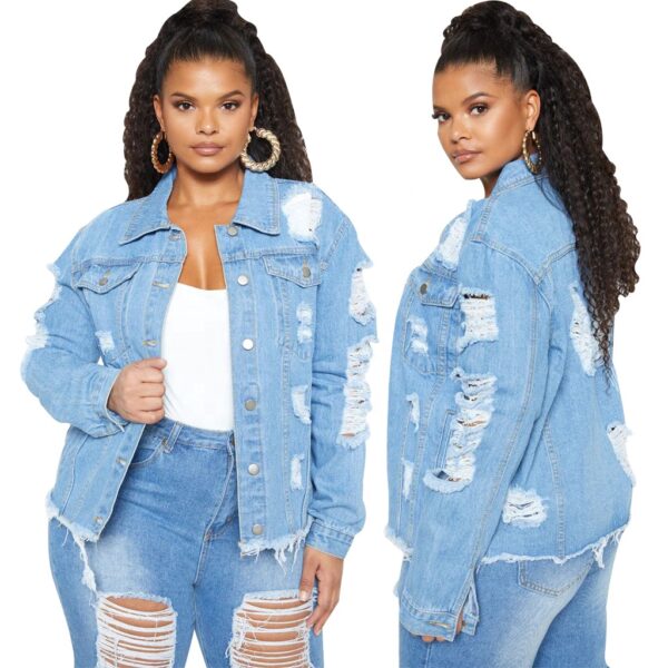 LW 3xl wholesale fashionable winter and fall long sleeve ripped distressed washed white cardigan denim jackets for women 2021