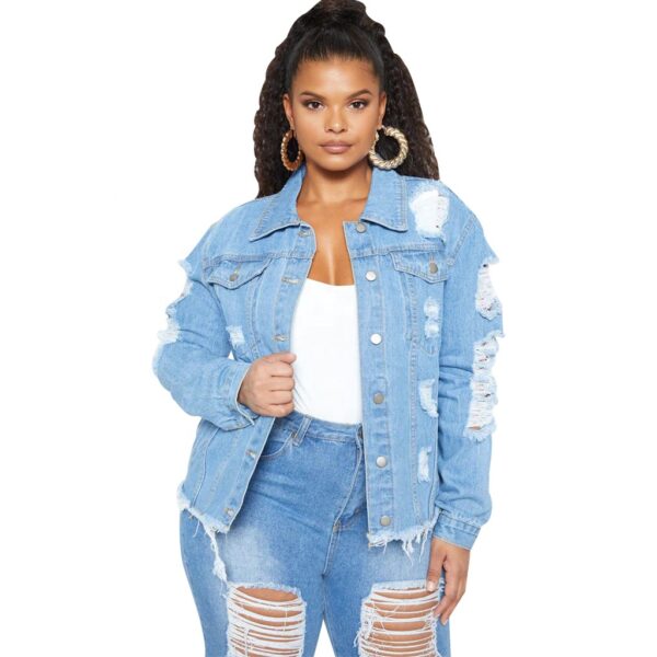 LW 3xl wholesale fashionable winter and fall long sleeve ripped distressed washed white cardigan denim jackets for women 2021 - Image 2