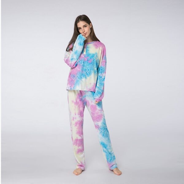 warm winter sleepwear women thermal lounge set clothing flannel pajamas tie dye sleep wear set crew neck long sleeve pajama set - Image 2