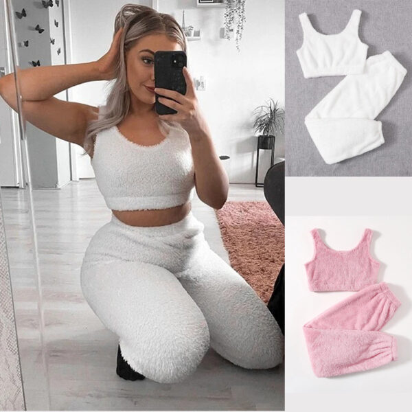 88693 Foma Solid color strap crop top set two piece pant set women woolly sexy sleep wear sets for winter - Image 6