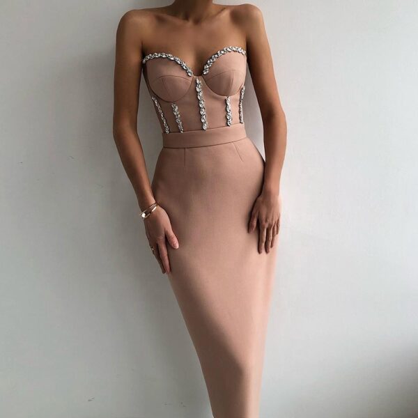 Sexy Strapless Women Dress Bodycon 2022 Summer New Elegant Beading Party Evening Club Midi Dresses - Image 2