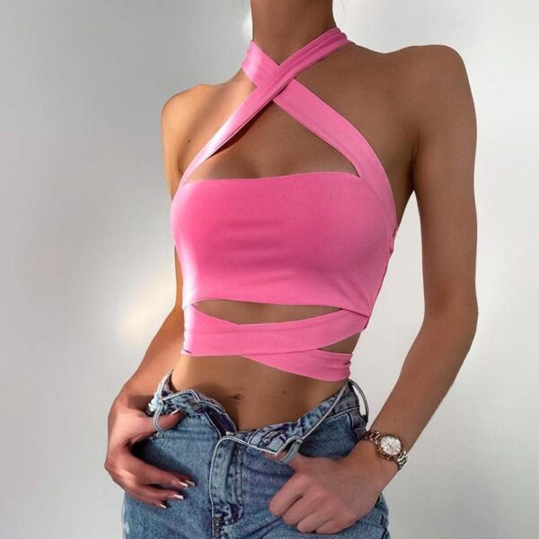 KBL7502 2022 Hot Girls Summer Sexy Trendy Cross Halter Bandage Crop Tops Women Tank Top