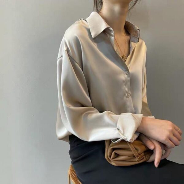 2022 New Summer Women Fashion Long Sleeves T Shirt Satin Blouse Vintage Femme V Neck Street Shirts Elegant Silk Blouse - Image 2