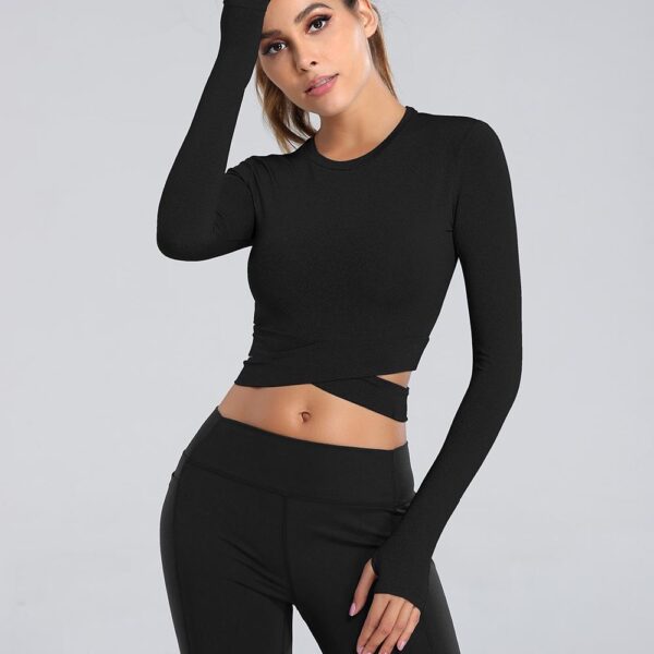 Custom LOGO Anti-UV Women Crew Neck Crop Tops Tummy Cross Long Sleeve Sport Shirt for Yoga Fitness Running Tank Tops - Image 6