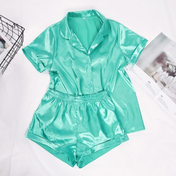 wholesale high quality Satin Pajamas Women's Short Sleeve Sleepwear Soft Silk Button Down Loungewear Pjs Shorts Set - Image 6