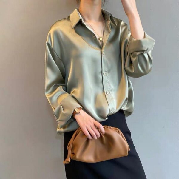 2022 New Summer Women Fashion Long Sleeves T Shirt Satin Blouse Vintage Femme V Neck Street Shirts Elegant Silk Blouse - Image 6