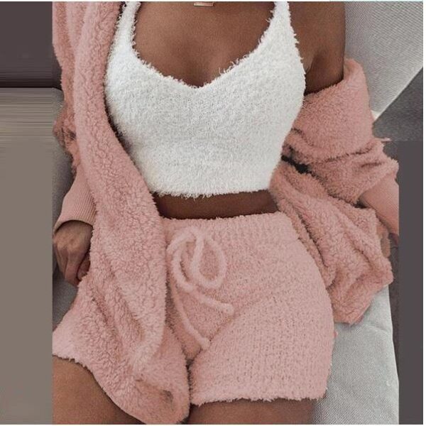 Dropshipping Supplier Knit Fuzzy Sleepwear Velour Loungewear Shorts Sets Velvet 3 Piece Lounge Wear Set Pajamas For Women Set - Image 3