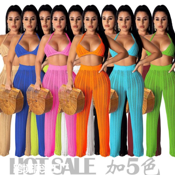 LvCong 2022 summer knit halter cover up bikini top body suits with holes straight leg pants hollow out perspective two-piece set