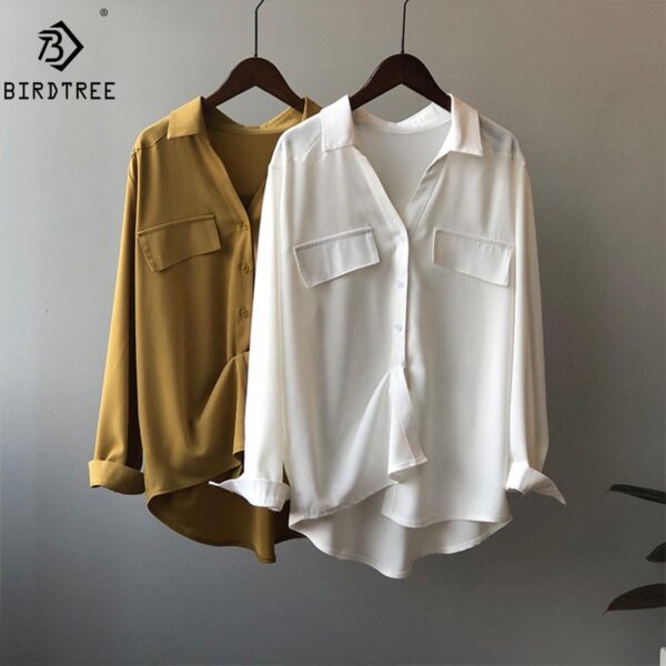 Casual Elegant Tops White Loose Satin Silk Blouse Women Autumn Clothes Office Lady Long Sleeve Pocket Formal Shirt T24003X - Image 6