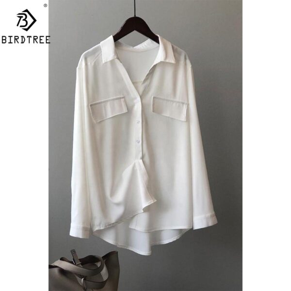 Casual Elegant Tops White Loose Satin Silk Blouse Women Autumn Clothes Office Lady Long Sleeve Pocket Formal Shirt T24003X - Image 4