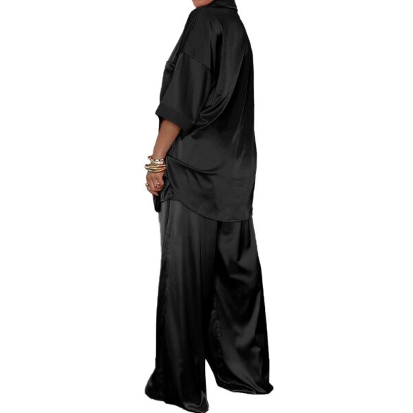 wide leg pants suit casual women fall 2022 satin two piece set - Image 2