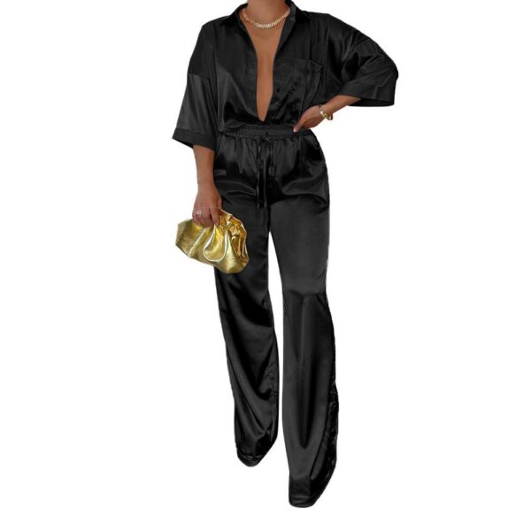 wide leg pants suit casual women fall 2022 satin two piece set