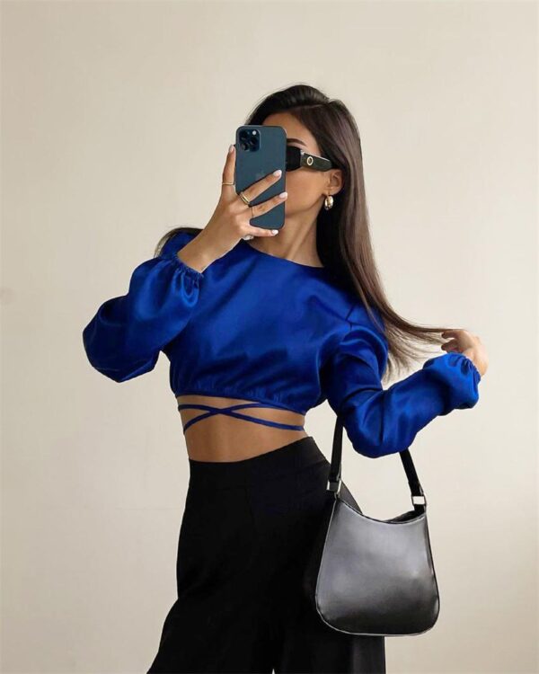 Sexy Backless Crop Top Lace Up Wrap Top Ladies Elegant Women Satin Shirt Silk O-Neck Blue Spring Summer Blouse - Image 6