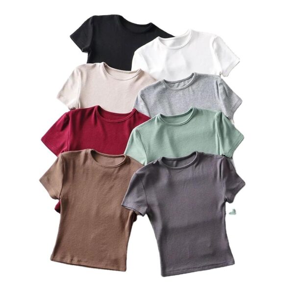 Round neck solid color short sleeve T-shirt summer style women's new tight crop top shirts - Image 6