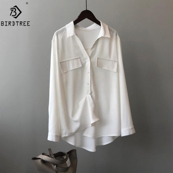 Casual Elegant Tops White Loose Satin Silk Blouse Women Autumn Clothes Office Lady Long Sleeve Pocket Formal Shirt T24003X - Image 2