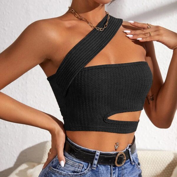 Women Asymmetrical Neck Sleeveless Slim Fitted Ribbed Cut Out Crop Tank Top - Image 2