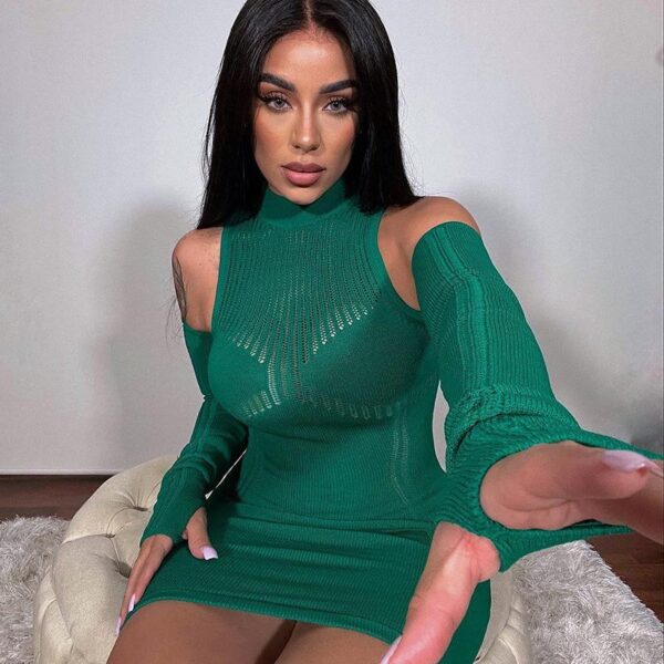 Knit Fall Dress Women Sweater Dresses Turtleneck Long Sleeve Bodycon See Through Mini Dress Y2K - Image 2