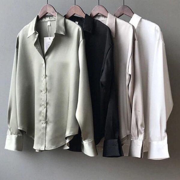 2022 New Summer Women Fashion Long Sleeves T Shirt Satin Blouse Vintage Femme V Neck Street Shirts Elegant Silk Blouse - Image 3