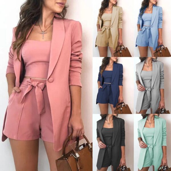 Formal Pink 3 Pieces Tank Top High Waist Shorts Ropa Damas Set De Mujer Blazer Classy Cloth For Women Ladies Suits