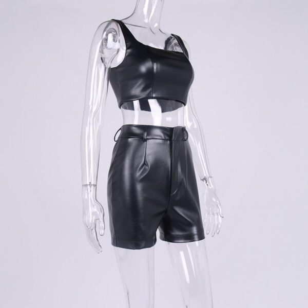 Women Short Set Pu Leather Sexy Sleeveless Two Piece Women Casual Set Shorts And Tank Top - Image 4