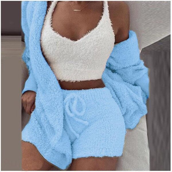 Dropshipping Supplier Knit Fuzzy Sleepwear Velour Loungewear Shorts Sets Velvet 3 Piece Lounge Wear Set Pajamas For Women Set - Image 2