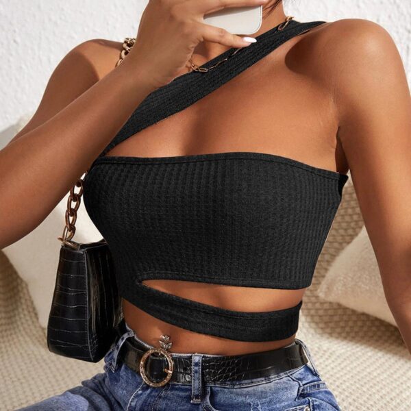 Women Asymmetrical Neck Sleeveless Slim Fitted Ribbed Cut Out Crop Tank Top - Image 6