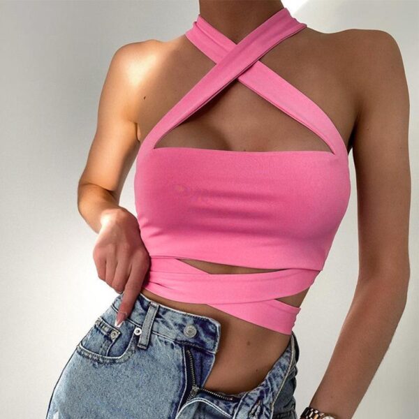 KBL7502 2022 Hot Girls Summer Sexy Trendy Cross Halter Bandage Crop Tops Women Tank Top - Image 6