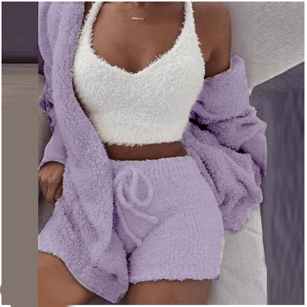 Dropshipping Supplier Knit Fuzzy Sleepwear Velour Loungewear Shorts Sets Velvet 3 Piece Lounge Wear Set Pajamas For Women Set - Image 5