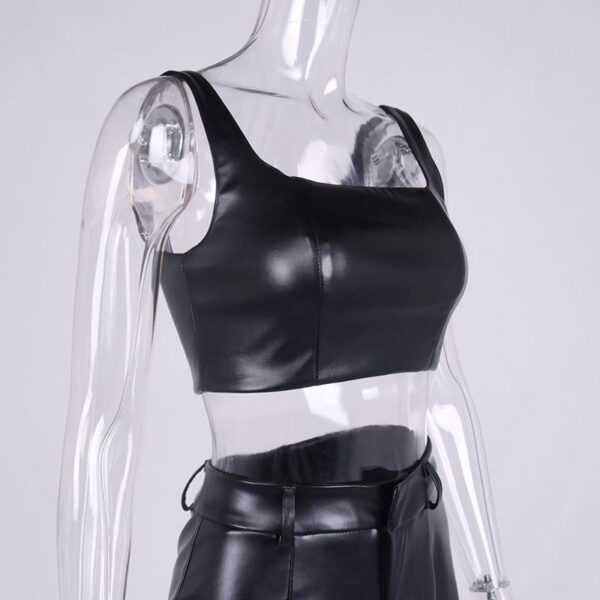 Women Short Set Pu Leather Sexy Sleeveless Two Piece Women Casual Set Shorts And Tank Top - Image 3